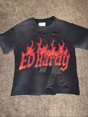 Ed Hardy MGK Black Tee with Red-Orange Flame Logo Smoking Kills